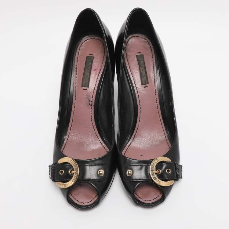 Pre Owned Louis Vuitton Black Patent Leather Buckle Peep Toe Pumps Size 38