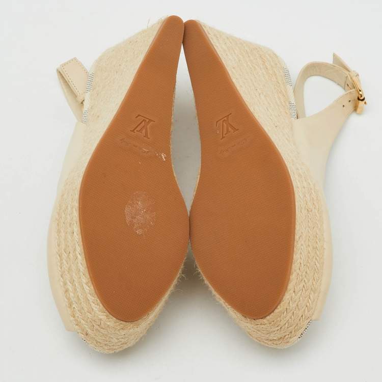 Pre Owned Louis Vuitton Cream Leather Gossip Cube Espadrille Wedge Slingback Pumps Size 38.5