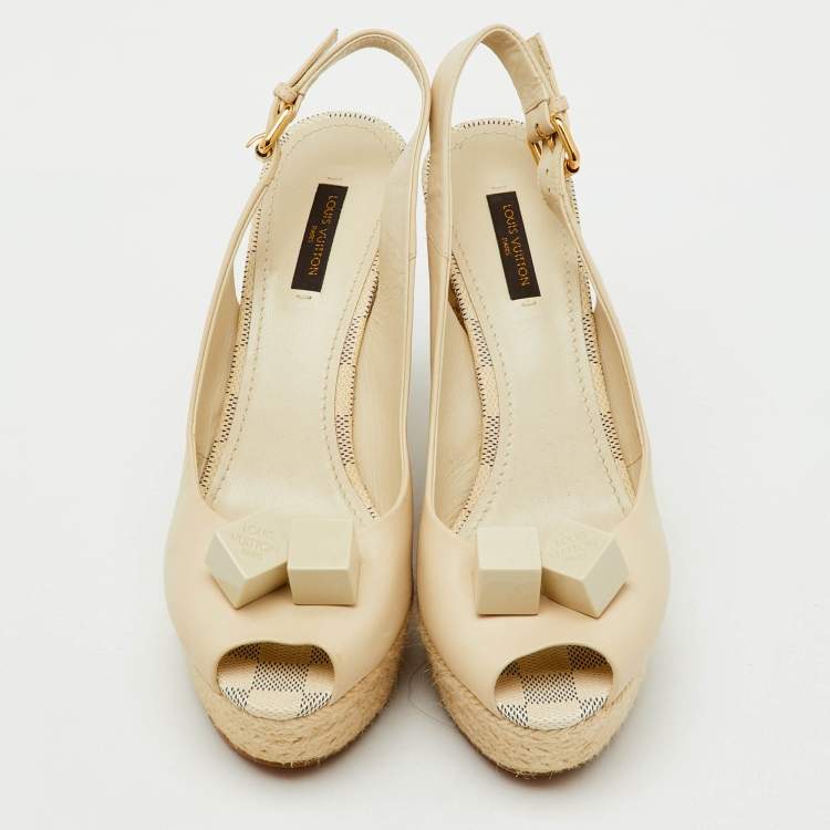 Pre Owned Louis Vuitton Cream Leather Gossip Cube Espadrille Wedge Slingback Pumps Size 38.5