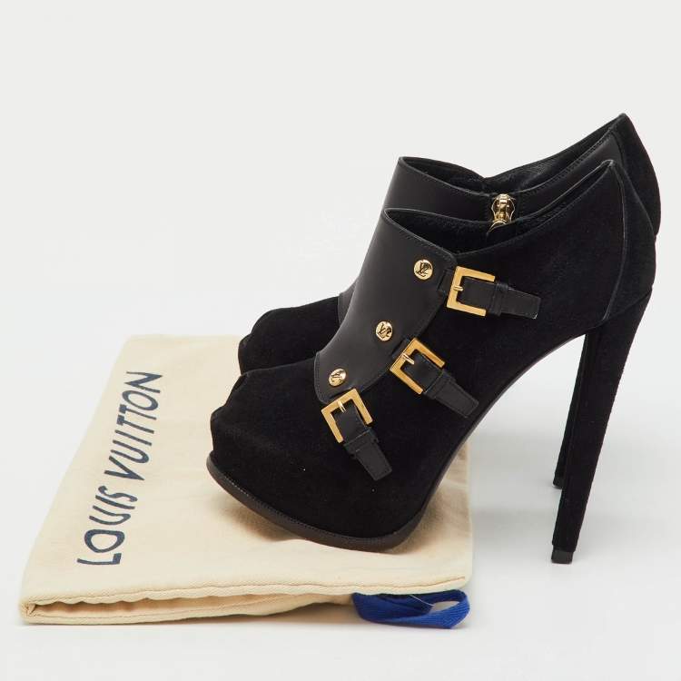 Pre Owned Louis Vuitton Black Suede and Leather Peep Toe Platform Booties Size 36