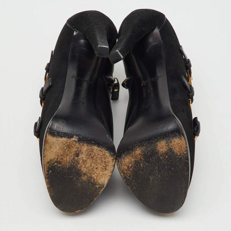 Pre Owned Louis Vuitton Black Suede and Leather Peep Toe Platform Booties Size 36
