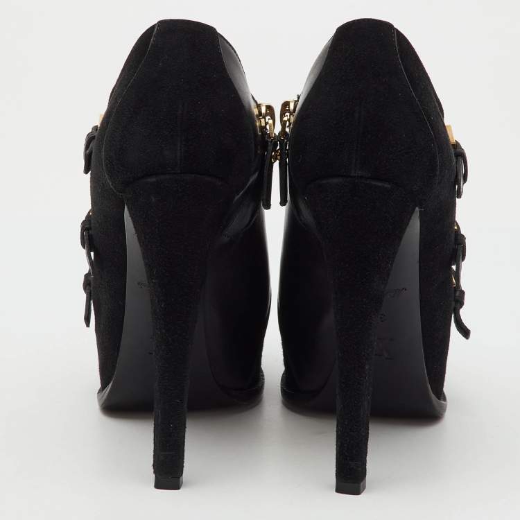 Pre Owned Louis Vuitton Black Suede and Leather Peep Toe Platform Booties Size 36