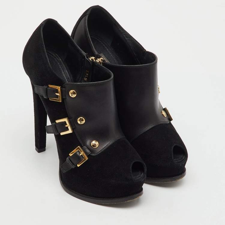 Pre Owned Louis Vuitton Black Suede and Leather Peep Toe Platform Booties Size 36