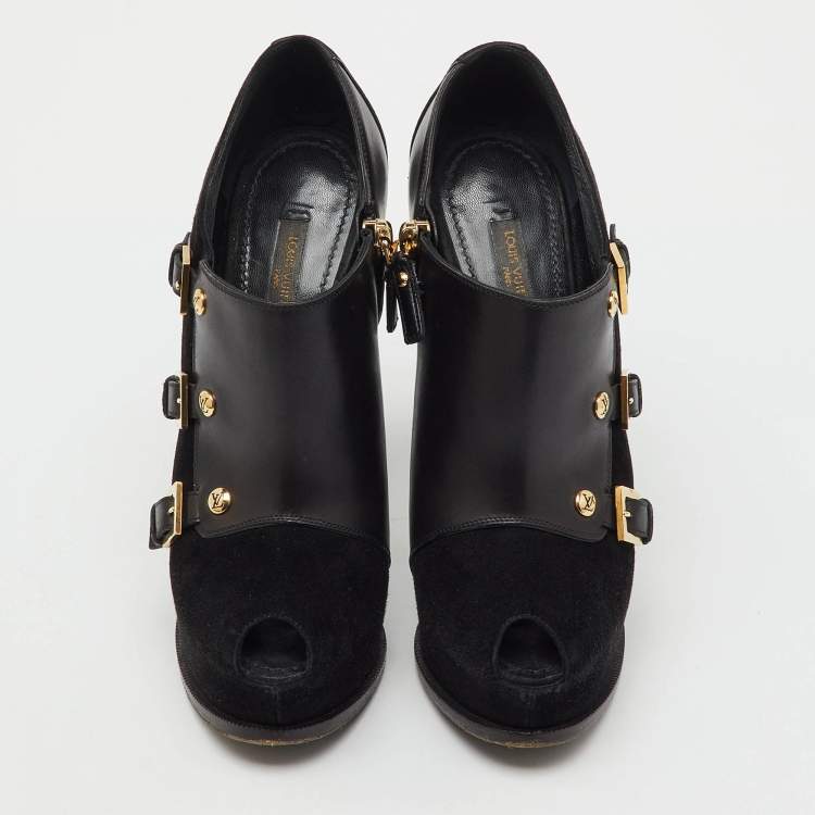 Pre Owned Louis Vuitton Black Suede and Leather Peep Toe Platform Booties Size 36