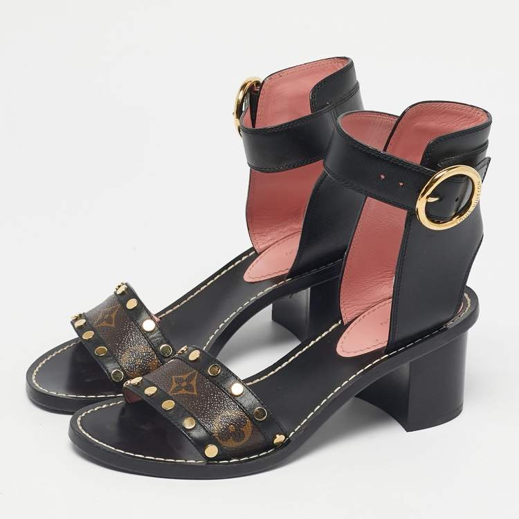 Pre Owned Louis Vuitton Black/Brown Monogram Canvas and Leather Passenger Ankle Strap Sandals Size 36