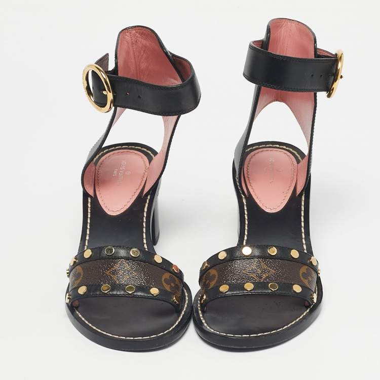 Pre Owned Louis Vuitton Black/Brown Monogram Canvas and Leather Passenger Ankle Strap Sandals Size 36