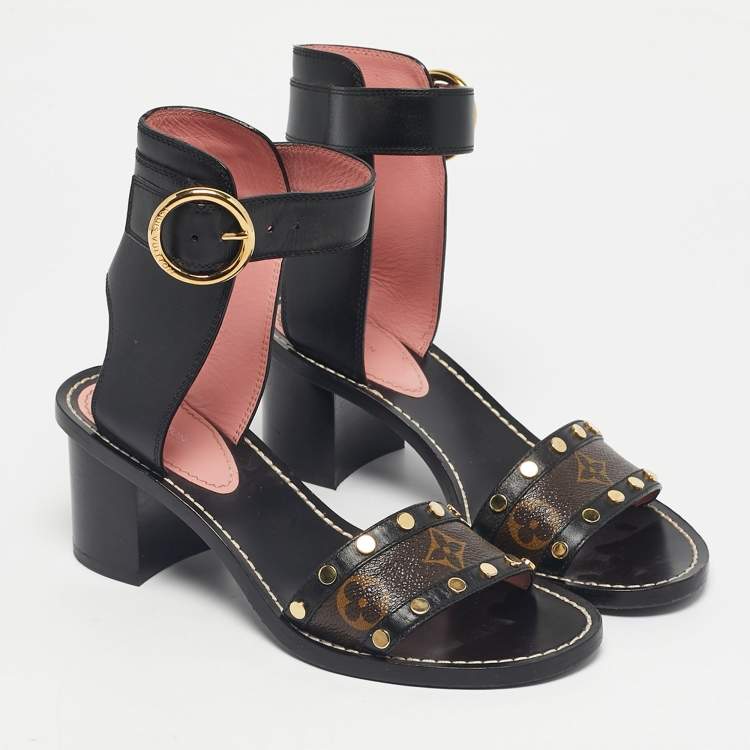 Pre Owned Louis Vuitton Black/Brown Monogram Canvas and Leather Passenger Ankle Strap Sandals Size 36