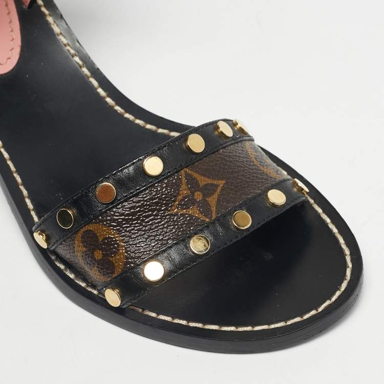 Pre Owned Louis Vuitton Black/Brown Monogram Canvas and Leather Passenger Ankle Strap Sandals Size 36