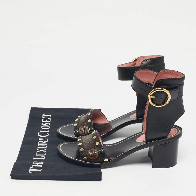 Pre Owned Louis Vuitton Black/Brown Monogram Canvas and Leather Passenger Ankle Strap Sandals Size 36