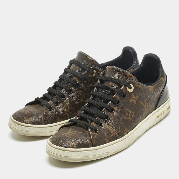 Pre Owned Louis Vuitton Brown/Black Monogram Canvas and  Leather Frontrow Sneakers Size 37.5
