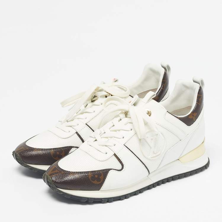 Pre Owned Louis Vuitton White/Brown Monogram Canvas And Leather Runaway Lace Up Sneakers Size 38.5