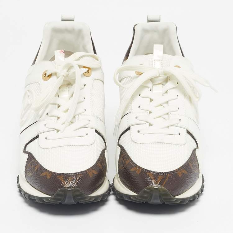 Pre Owned Louis Vuitton White/Brown Monogram Canvas And Leather Runaway Lace Up Sneakers Size 38.5