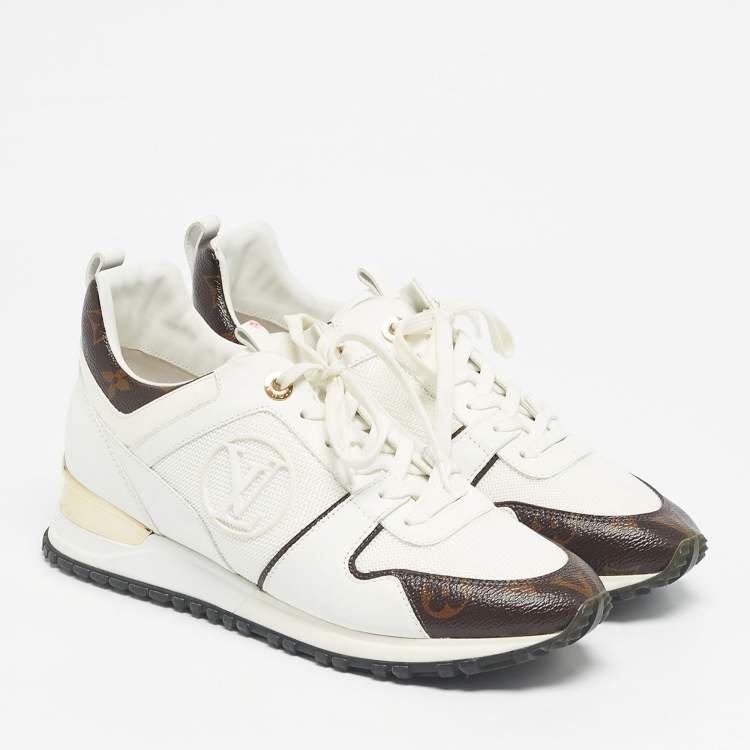 Pre Owned Louis Vuitton White/Brown Monogram Canvas And Leather Runaway Lace Up Sneakers Size 38.5