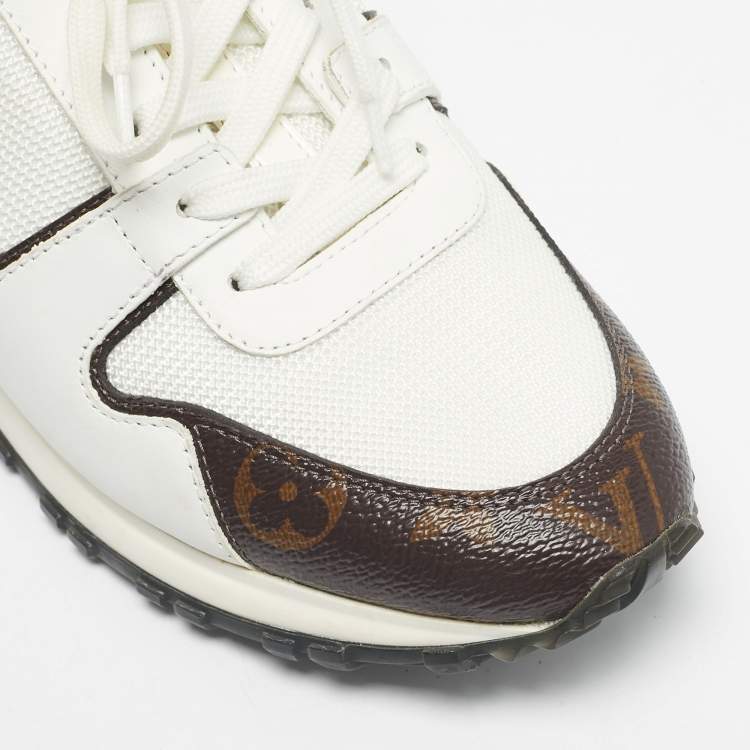 Pre Owned Louis Vuitton White/Brown Monogram Canvas And Leather Runaway Lace Up Sneakers Size 38.5