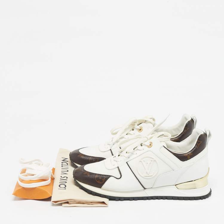 Pre Owned Louis Vuitton White/Brown Monogram Canvas And Leather Runaway Lace Up Sneakers Size 38.5