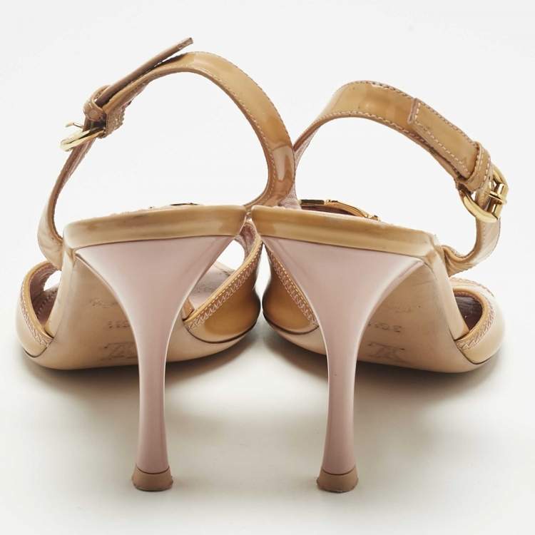 Pre Owned Louis Vuitton Beige Patent Leather Logo Slingback Sandals Size 36.5