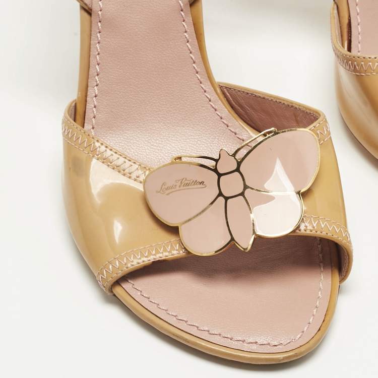 Pre Owned Louis Vuitton Beige Patent Leather Logo Slingback Sandals Size 36.5