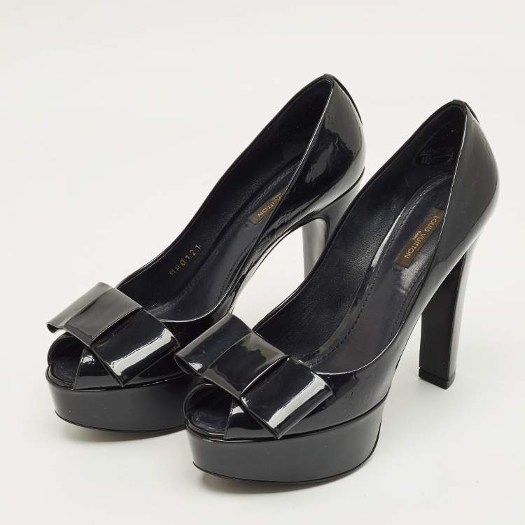 Pre Owned Louis Vuitton Black Monogram Patent Leather Bow Platform Pumps Size 38