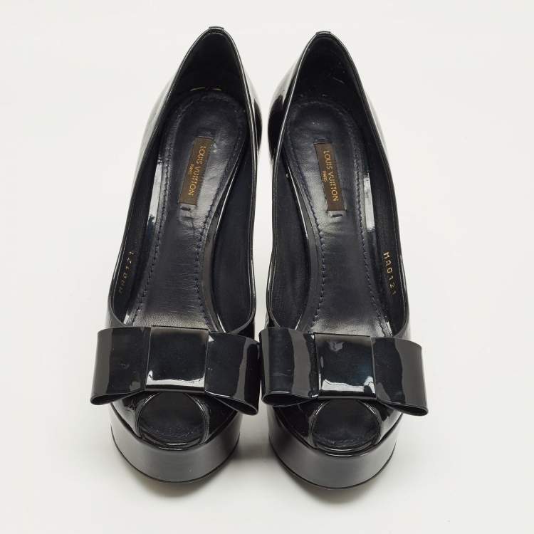 Pre Owned Louis Vuitton Black Monogram Patent Leather Bow Platform Pumps Size 38