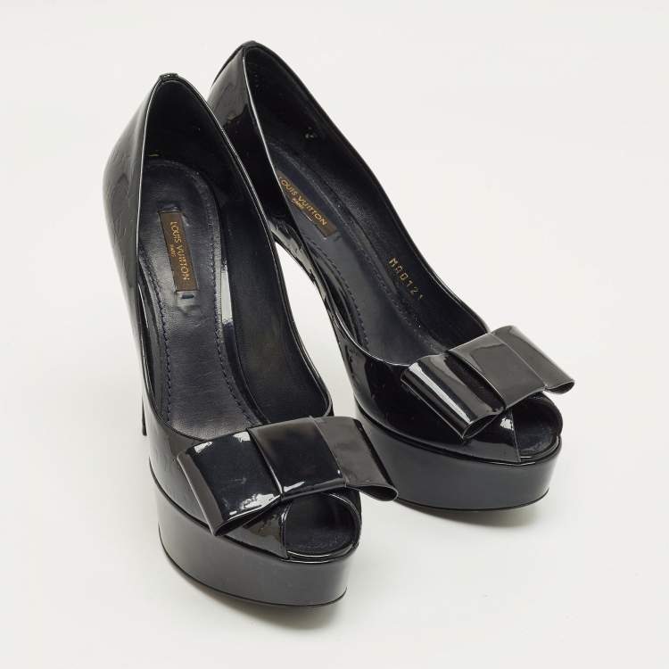 Pre Owned Louis Vuitton Black Monogram Patent Leather Bow Platform Pumps Size 38