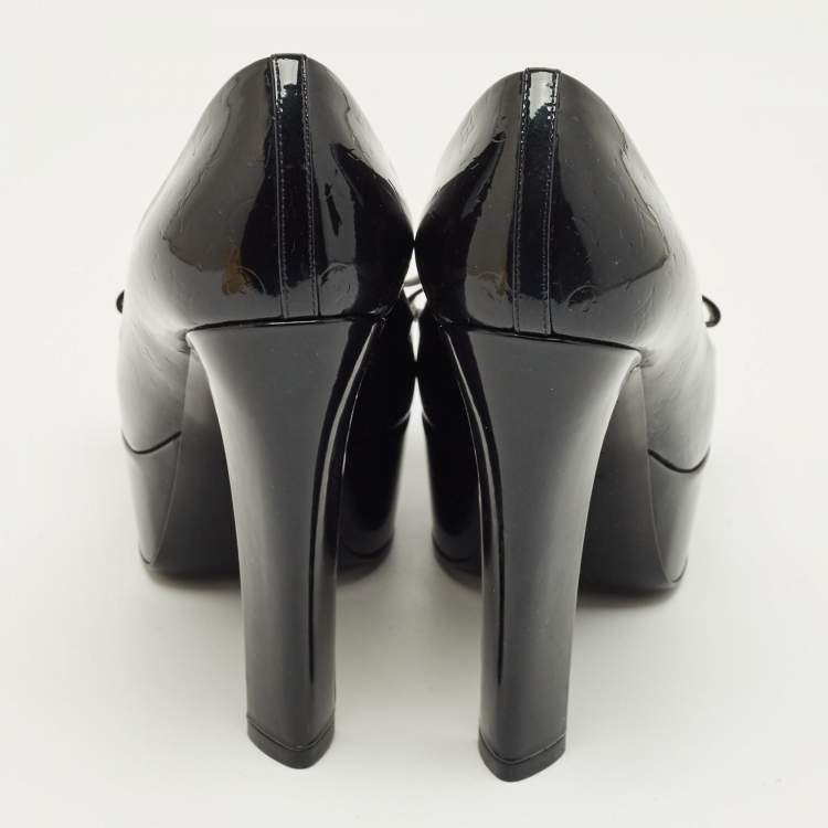Pre Owned Louis Vuitton Black Monogram Patent Leather Bow Platform Pumps Size 38
