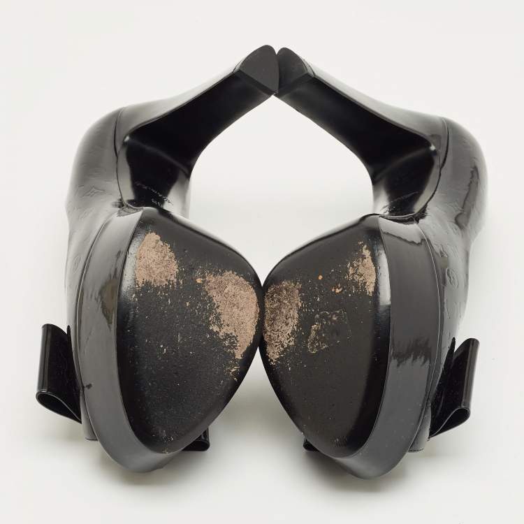 Pre Owned Louis Vuitton Black Monogram Patent Leather Bow Platform Pumps Size 38