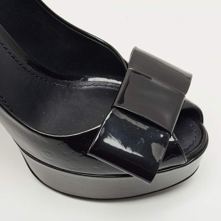 Pre Owned Louis Vuitton Black Monogram Patent Leather Bow Platform Pumps Size 38