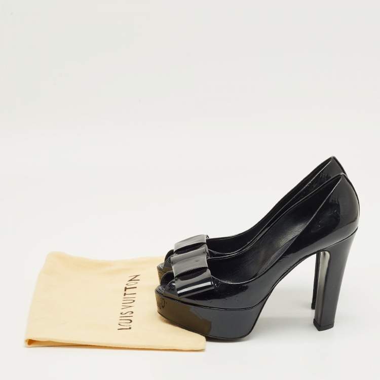 Pre Owned Louis Vuitton Black Monogram Patent Leather Bow Platform Pumps Size 38