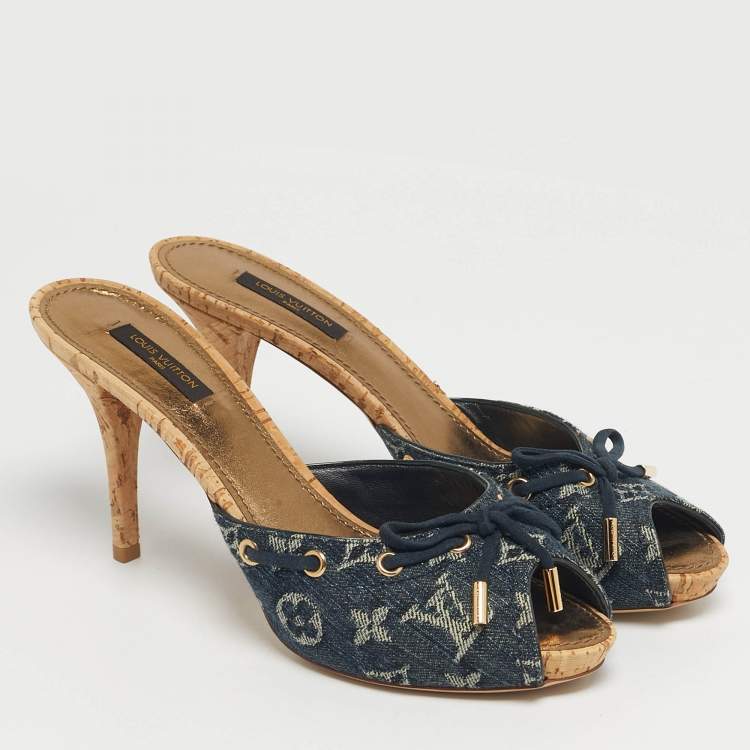 Pre Owned Louis Vuitton Blue Denim Malibu Slide Sandals Size 38.5