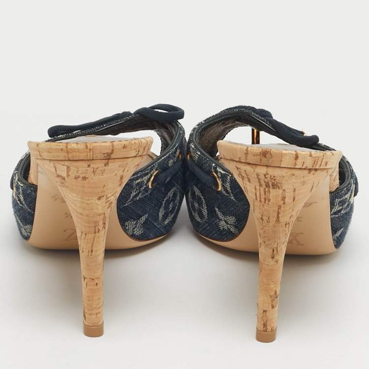 Pre Owned Louis Vuitton Blue Denim Malibu Slide Sandals Size 38.5