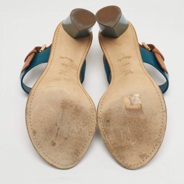 Pre Owned Louis Vuitton Green/Brown Leather Lounger Ankle Strap Open Toe Sandals Size 39.5