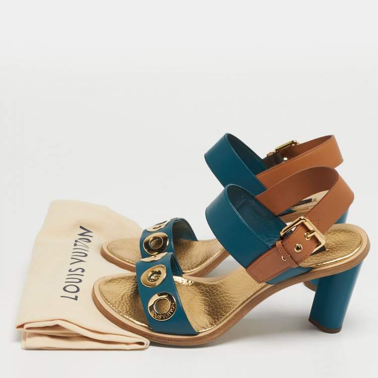 Pre Owned Louis Vuitton Green/Brown Leather Lounger Ankle Strap Open Toe Sandals Size 39.5