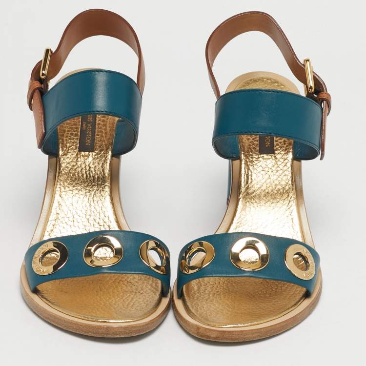 Pre Owned Louis Vuitton Green/Brown Leather Lounger Ankle Strap Open Toe Sandals Size 39.5