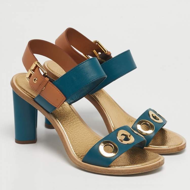 Pre Owned Louis Vuitton Green/Brown Leather Lounger Ankle Strap Open Toe Sandals Size 39.5