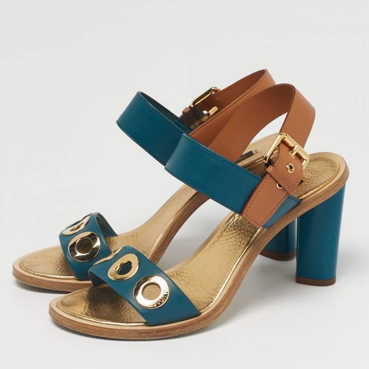 Pre Owned Louis Vuitton Green/Brown Leather Lounger Ankle Strap Open Toe Sandals Size 39.5