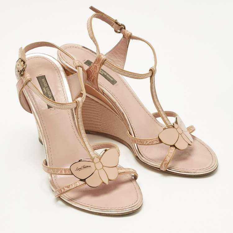 Pre Owned Louis Vuitton Pink Crocodile Leather and Lizard Leather Butterfly Wedge Sandals Size 38.5