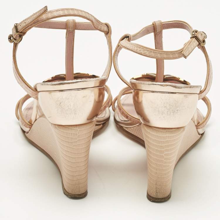 Pre Owned Louis Vuitton Pink Crocodile Leather and Lizard Leather Butterfly Wedge Sandals Size 38.5