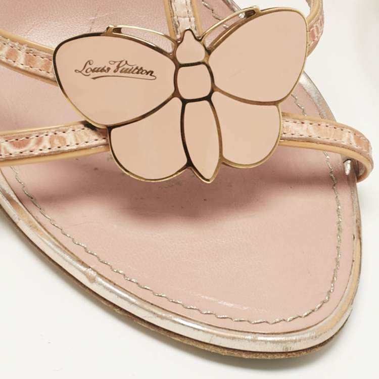 Pre Owned Louis Vuitton Pink Crocodile Leather and Lizard Leather Butterfly Wedge Sandals Size 38.5