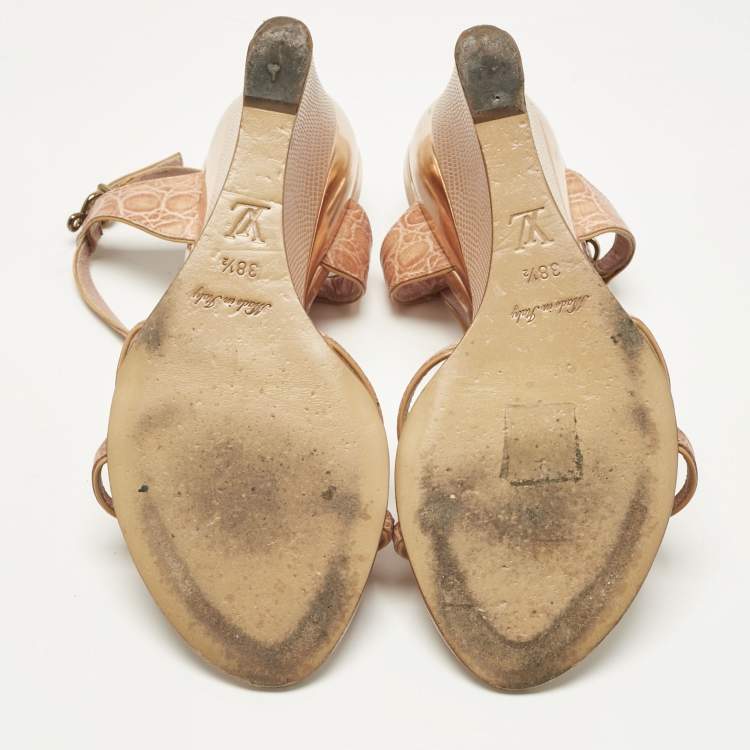 Pre Owned Louis Vuitton Pink Crocodile Leather and Lizard Leather Butterfly Wedge Sandals Size 38.5