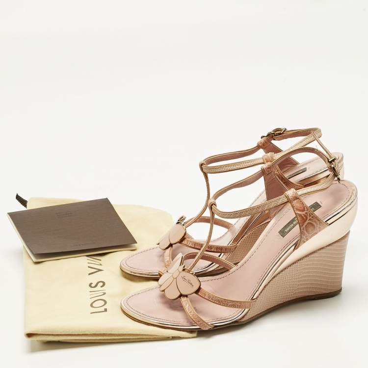 Pre Owned Louis Vuitton Pink Crocodile Leather and Lizard Leather Butterfly Wedge Sandals Size 38.5