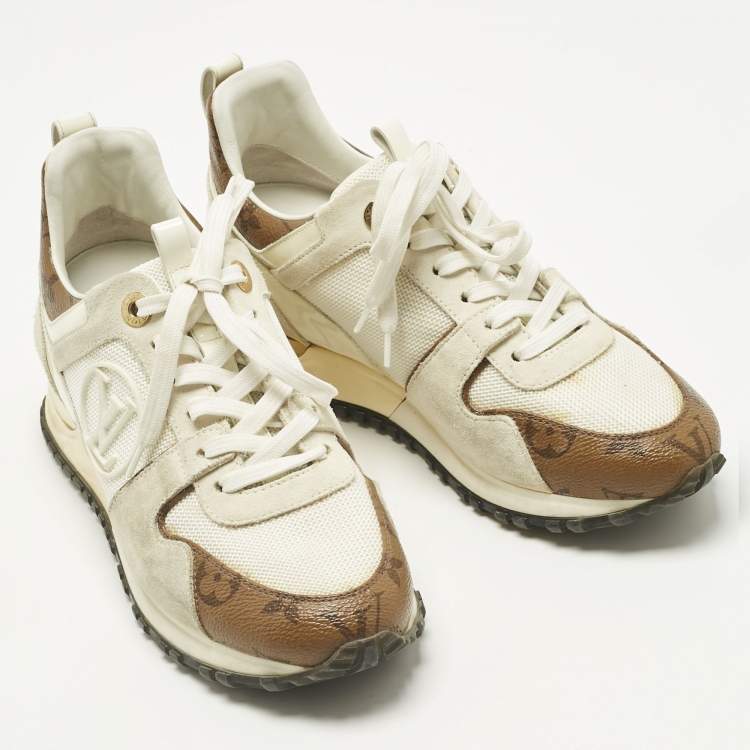 Pre Owned Louis Vuitton White Monogram Canvas and Mesh Run Away Lace Up Sneakers Size 36