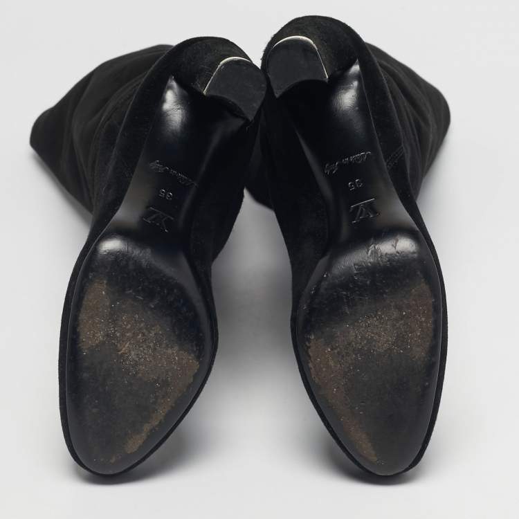 Pre Owned Louis Vuitton Black Suede Knee Length Boots Size 35