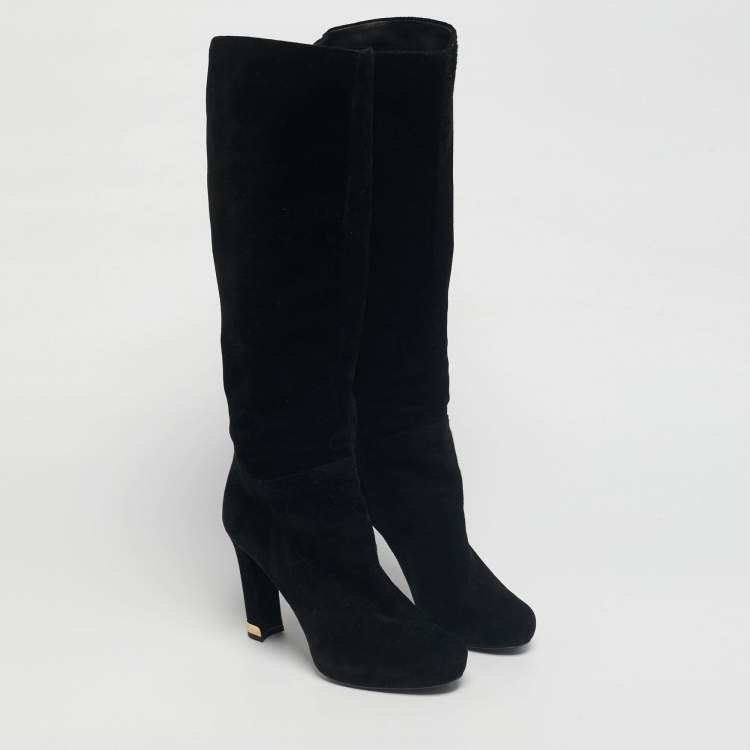 Pre Owned Louis Vuitton Black Suede Knee Length Boots Size 35