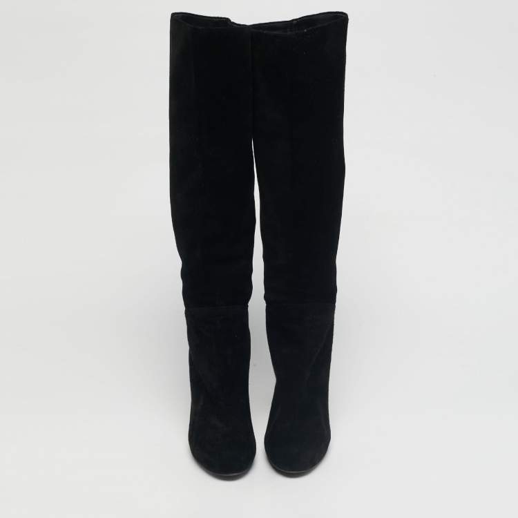 Pre Owned Louis Vuitton Black Suede Knee Length Boots Size 35