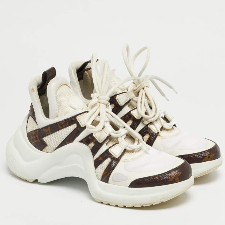 Pre Owned Louis Vuitton White/Brown Monogram Canvas and Mesh Archlight Lace Up Sneakers Size 37.5