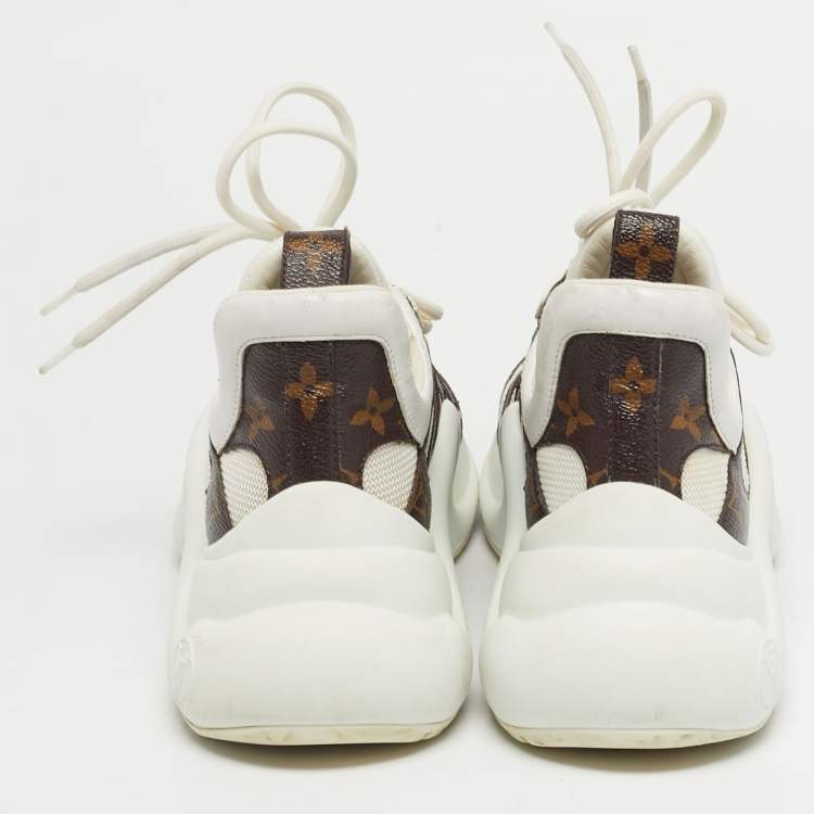 Pre Owned Louis Vuitton White/Brown Monogram Canvas and Mesh Archlight Lace Up Sneakers Size 37.5