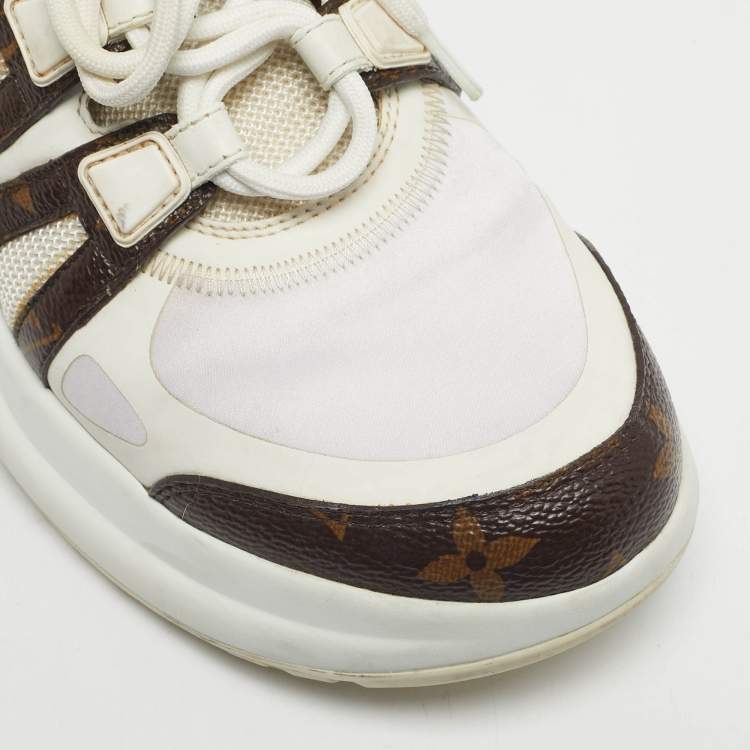 Pre Owned Louis Vuitton White/Brown Monogram Canvas and Mesh Archlight Lace Up Sneakers Size 37.5