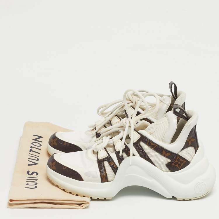 Pre Owned Louis Vuitton White/Brown Monogram Canvas and Mesh Archlight Lace Up Sneakers Size 37.5