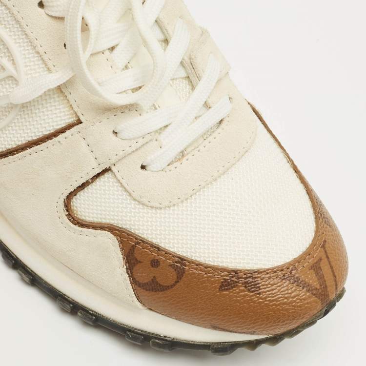 Pre Owned Louis Vuitton White Monogra Canvas and Knit Fabric Run Away Low Top Sneakers Size 37