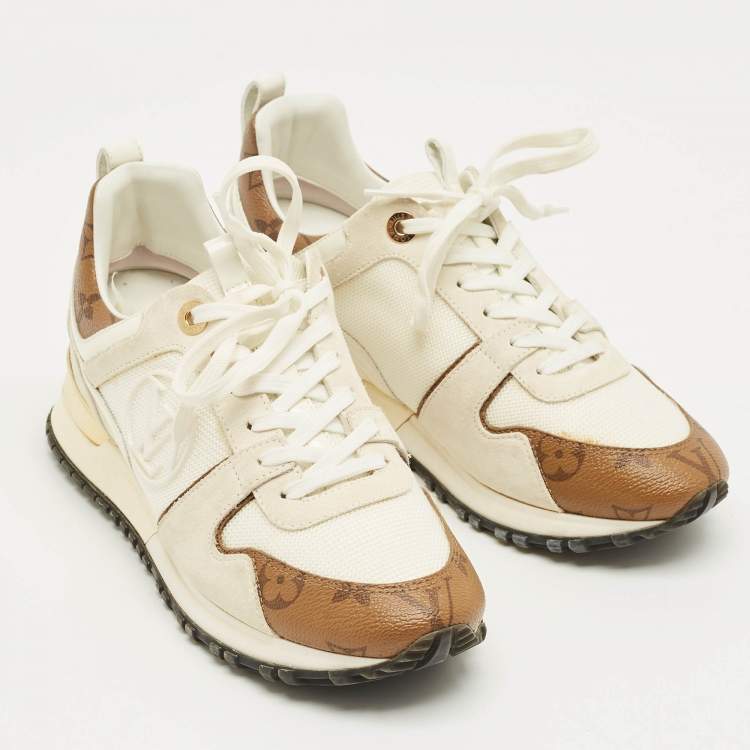 Pre Owned Louis Vuitton White Monogra Canvas and Knit Fabric Run Away Low Top Sneakers Size 37
